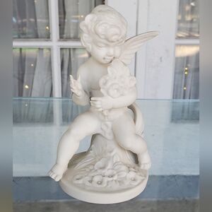 Mid Century Dresden Germany Porcelain Bisque Angel Cherub With Flowers Rare